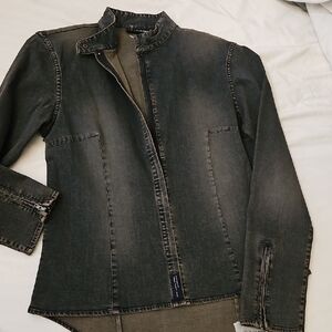 DKNY Black Washed Denim Stand-Collar Jean Jacket